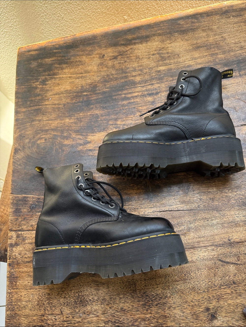 Dr. Martens Black Lace-Up Platform Combat Boots Yellow Stitching 1460 Pascal max